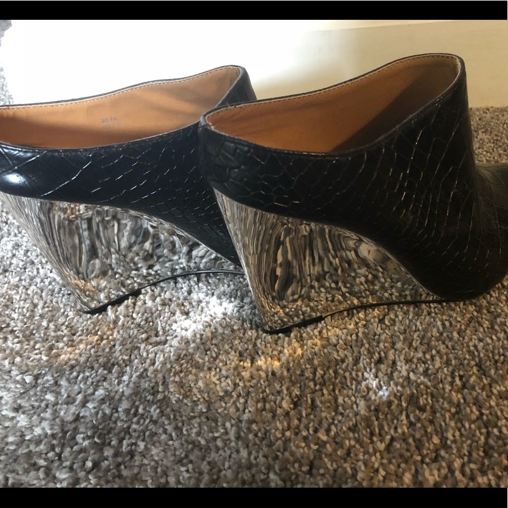 Black snake embossed, metallic silver wedge heels